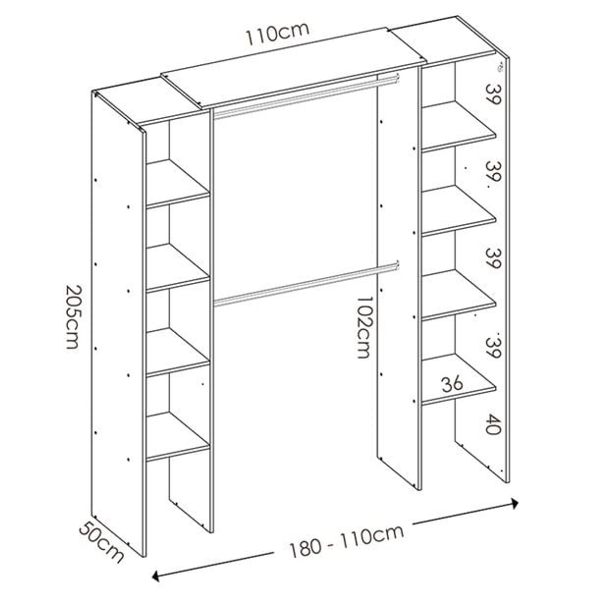 Armario vestidor Suit 8 estantes con 2 barras y cortina 205x110-180x50 cm
