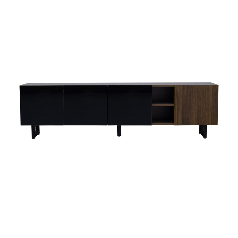 Meuble TV 180 cm noir brillant et effet bois naturel avec quatre portes, rangements et structure métallique