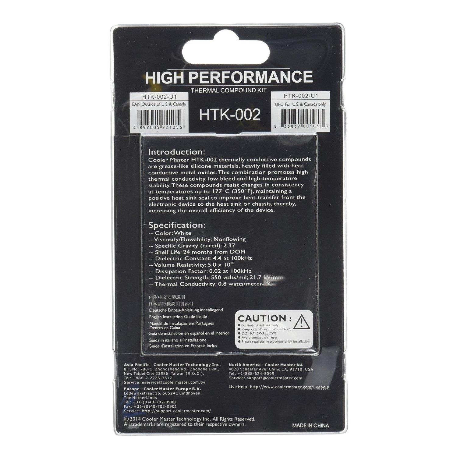 Cooler master htk-002 thermal grease - thermal paste 'high thermal conductivity, electrically non-conductive, low thermal resistance' htk-002-u1-gp