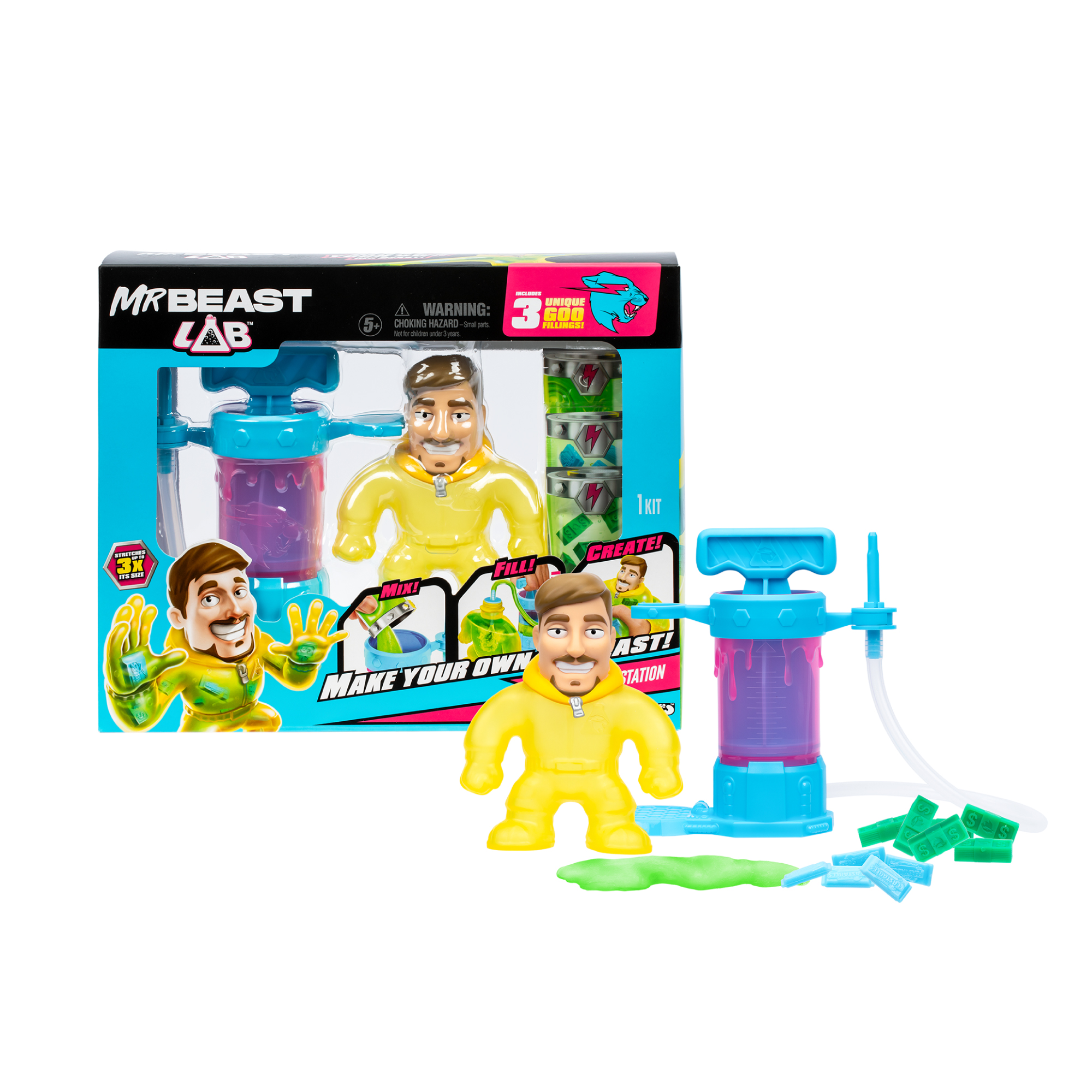 MrBeast - Figura Stretch Hero Creator Jimmy, Muñeco Elástico, Crea la Masa y Rellena tu Figura, Personaliza a tu Gusto, Accesorios para Insertar Dentro, Niños +5 años, Famosa (BTR07000)