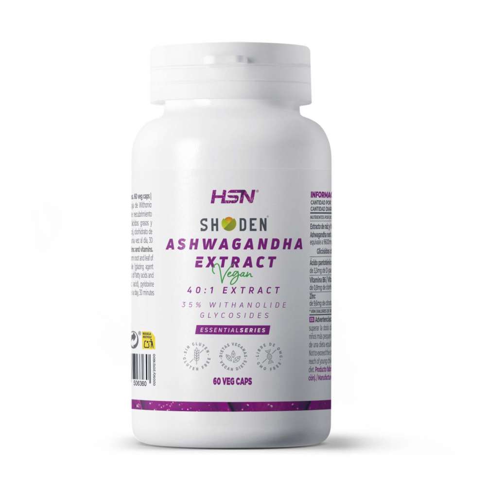 HSN - SHODEN Ashwagandha de HSN | 60 Cápsulas equivalencia 9600 mg de Raíz y Hoja | 100% Científicamente Testada | 35% Glicósidos de Withanólido | Con Zinc + B5 y B6 | No-GMO, Vegano, Sin Gluten