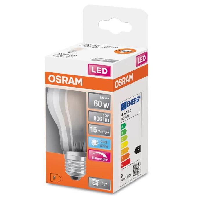 Osram - Bombilla LED A60 7W 840 MATE E-27 con luminosidad de 806 lm, duración hasta 15.000 horas y casquillo estándar E27 para lámparas de techo, mesita de noche y salón