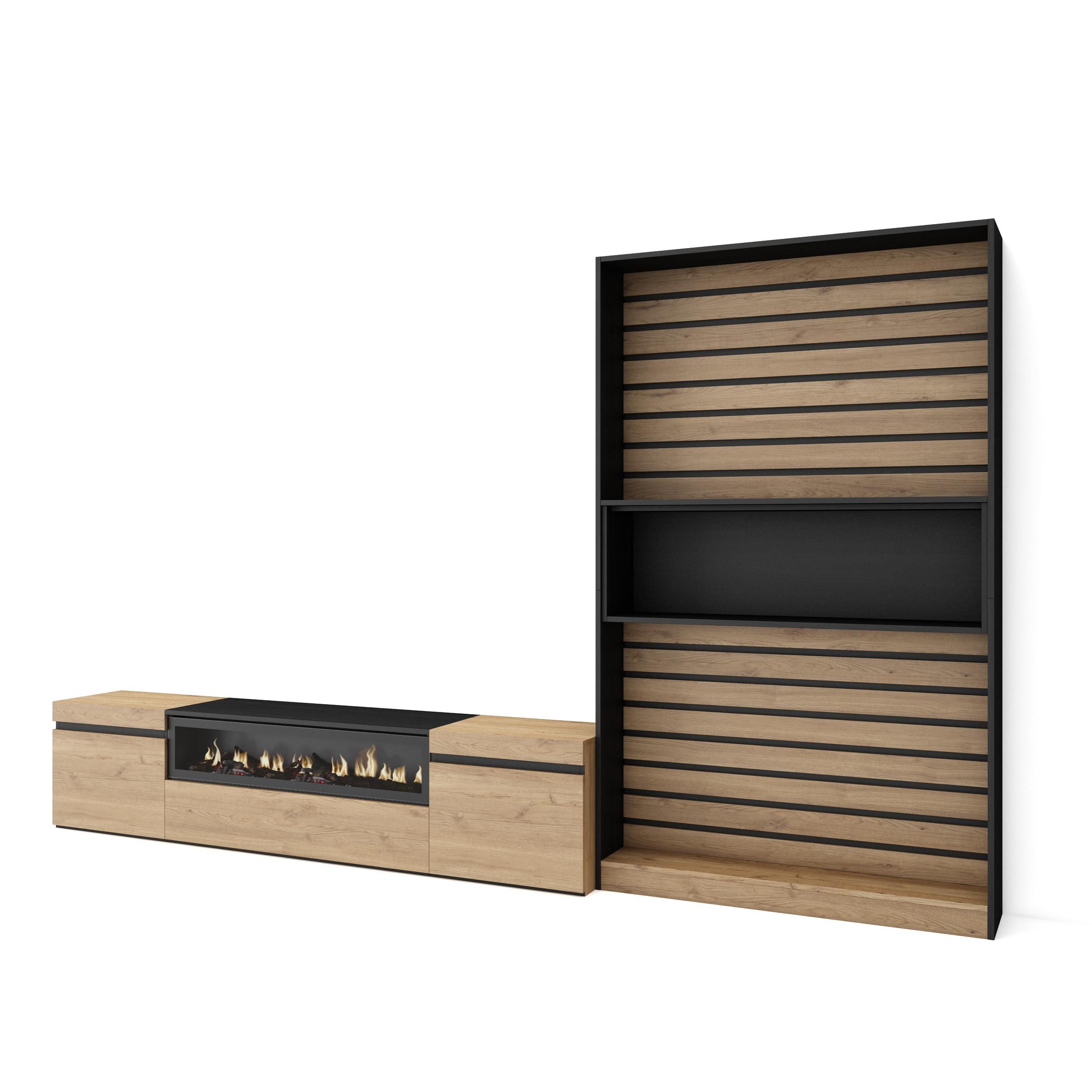 Skraut Home - Conjunto de muebles de Salón - Estantería y organización y Mueble de Televisión con Fuego led efecto 3d - Veteado de madera - Tacto poroso de alta calidad - Estilo Moderno - Medidas totales 310x35x186cm