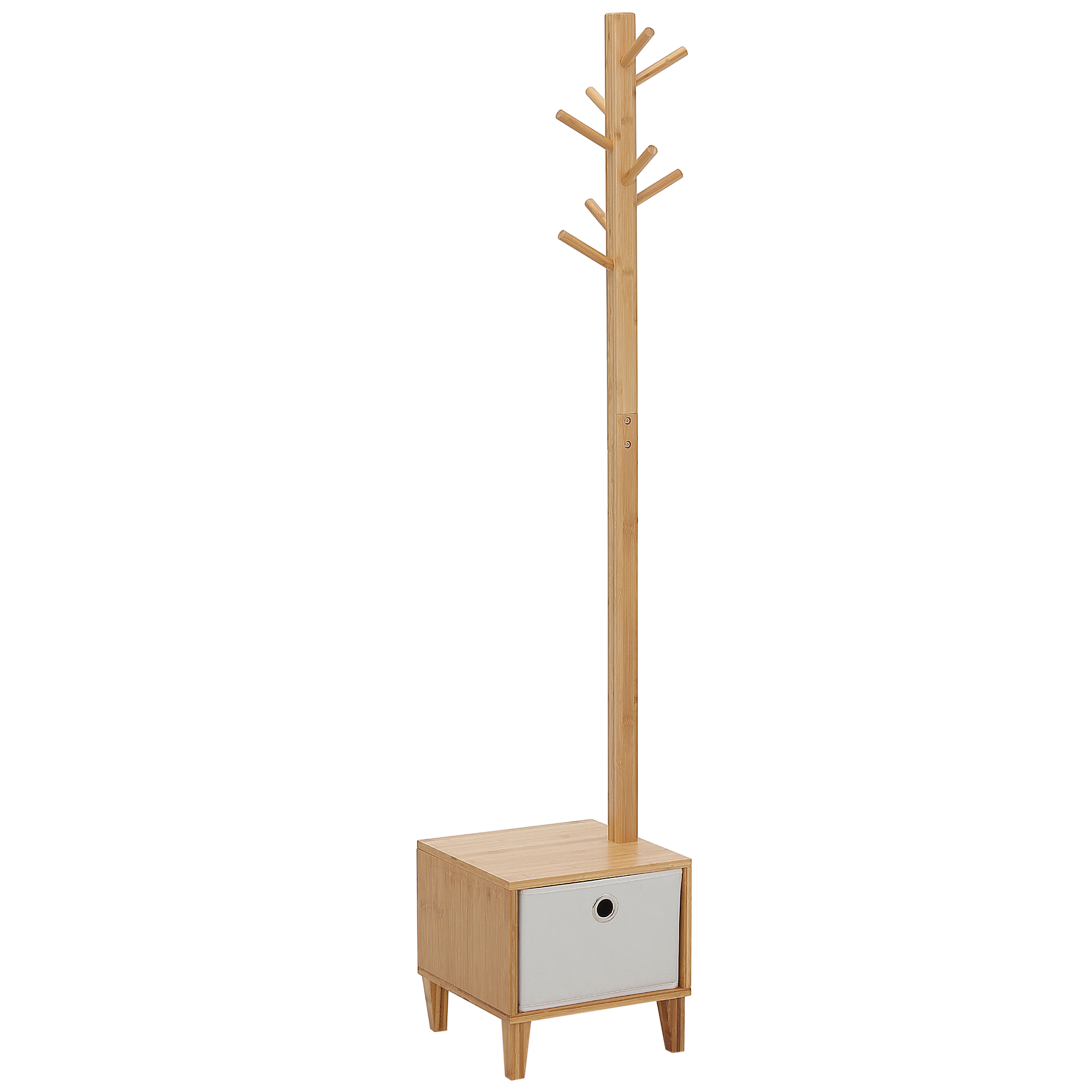 HOMCOM Perchero de Pie de Bambú Tipo Árbol con Banco Cajón de Tela y 8 Ganchos para Colgar Ropa Bolsas Bombreros para Entrada Salón Pasillo 35x35x177 cm Natural