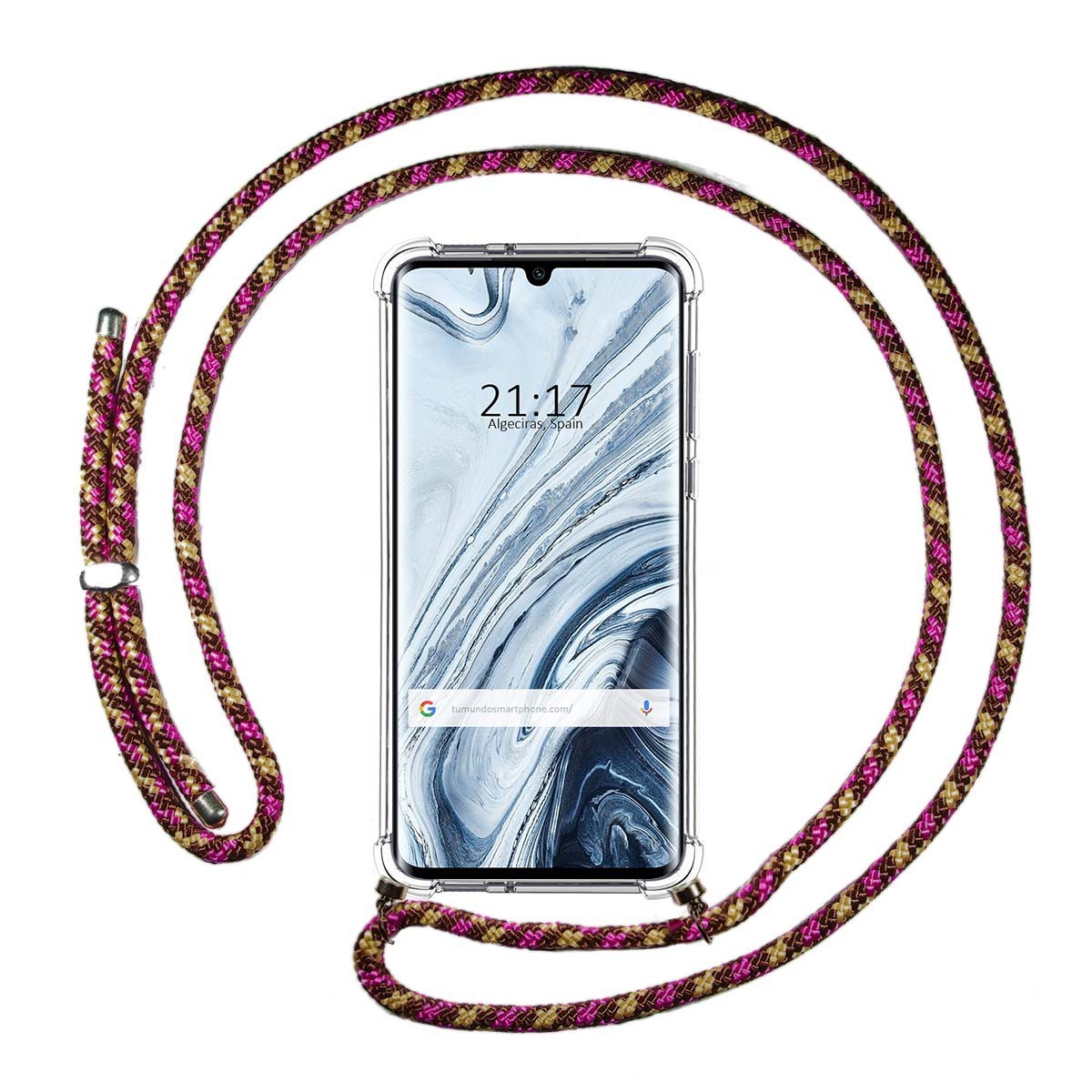 Tumundosmartphone Funda Colgante Transparente para Xiaomi Mi Note 10 con Cordon Rosa / Dorado
