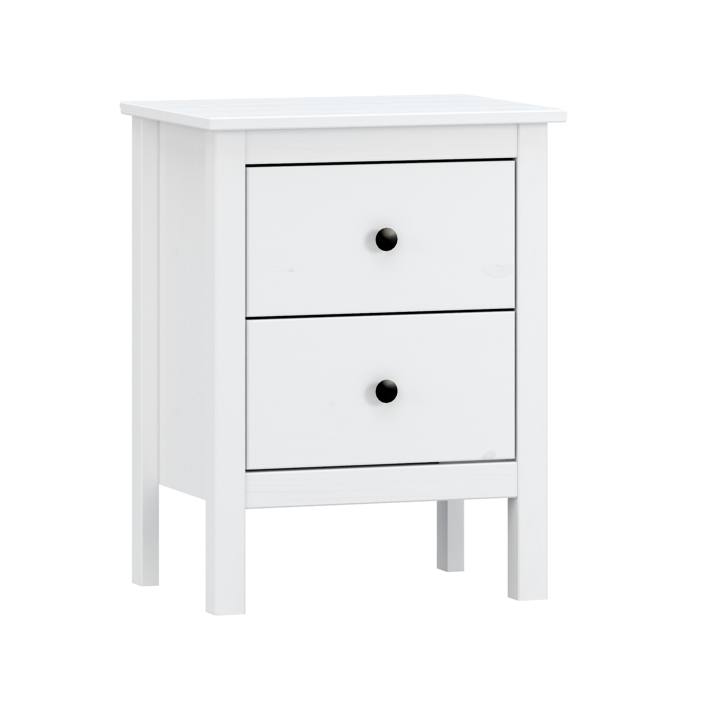 Mesita de 2 cajones de madera maciza color Blanco. (Alto 62 cm/Ancho 48 cm/Fondo 36 cm)