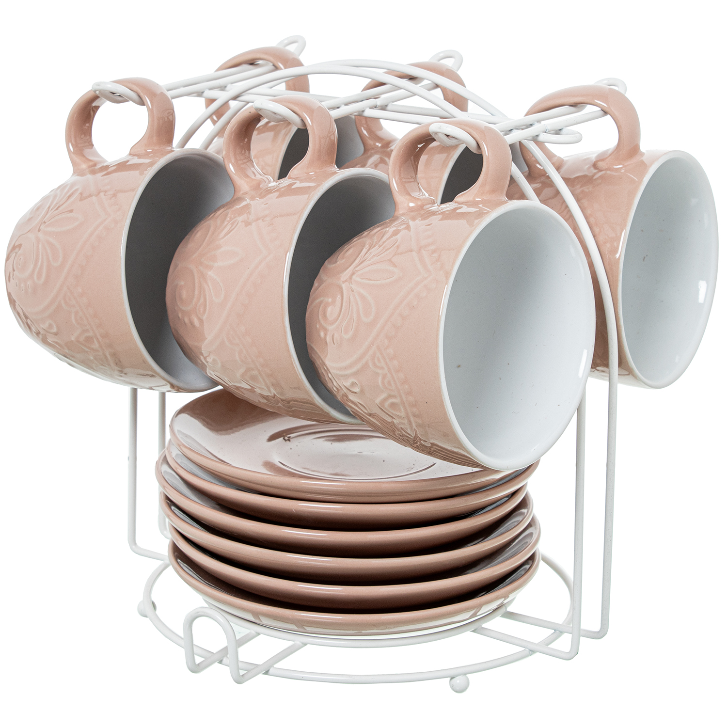 Set 6 tazas te con plato ceramica color rosa con soporte metal taza: 207ml 9x8cm plato: 14cm