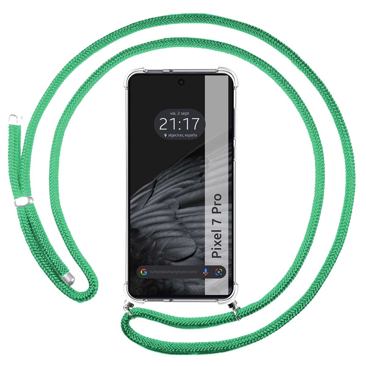 Tumundosmartphone Funda Colgante Transparente para Google Pixel 7 Pro 5G con Cordon Verde Agua - Protección Móvil