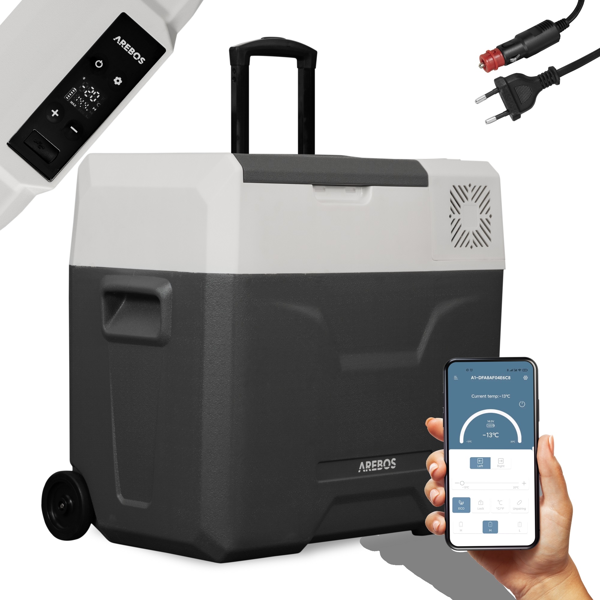 AREBOS Caja refrigerada 47 L con ruedas coche nevera APP congelador caja camping