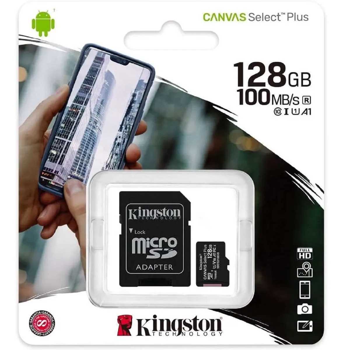 Kingston Tarjeta de Memoria Micro SD, Canvas Select Plus 64GB, 128GB, 256GB o 512GB. Para teléfonos móviles, cámara fotográfica Nintendo Switch Clase 10 y velocidad de lectura de 100 MB/S. Tipo MicroSDHC y MicroSDXC