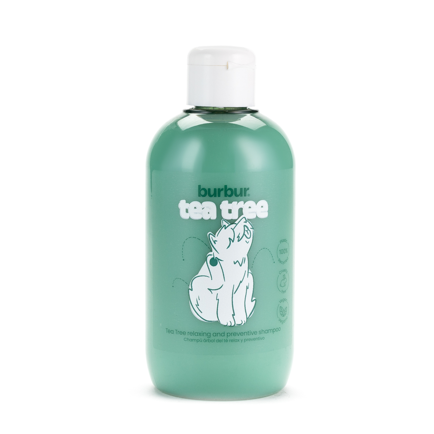 Champú Burbur Árbol del Té – 400 ml para perros y gatos| Repelente natural, acción antifúngica y prevención contra parásitos.