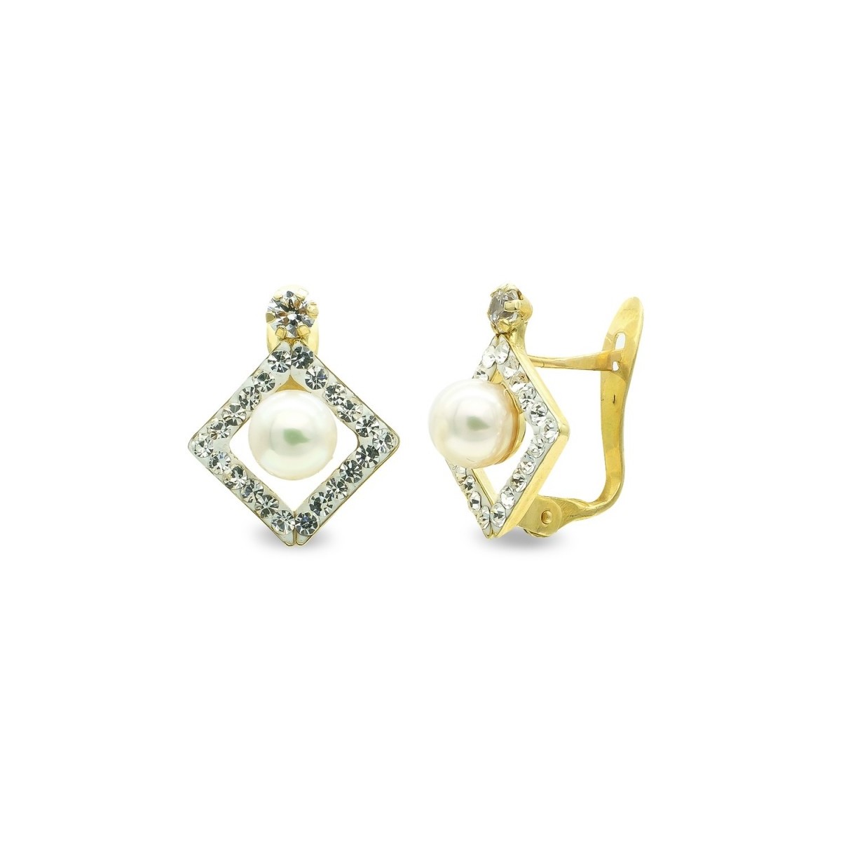 Pendientes oro 9k mujer perla centro 4 mm. rombo calado circonitas