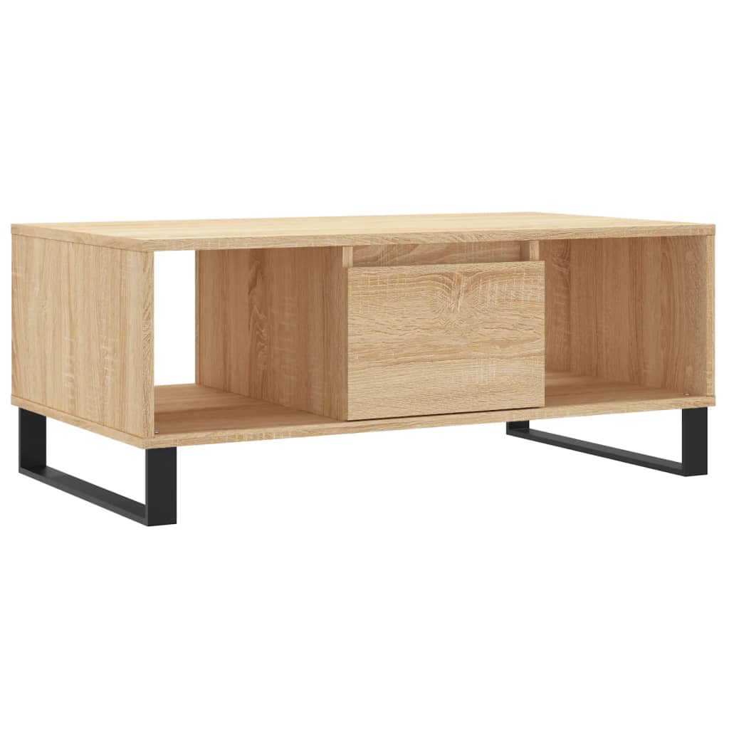 Mesa de centro moderna de madera contrachapada y metal, con cajón y 2 compartimentos para almacenamiento, ideal para salón o sala de estar, color roble sonoma, dimensiones 90x50x36,5 cm
