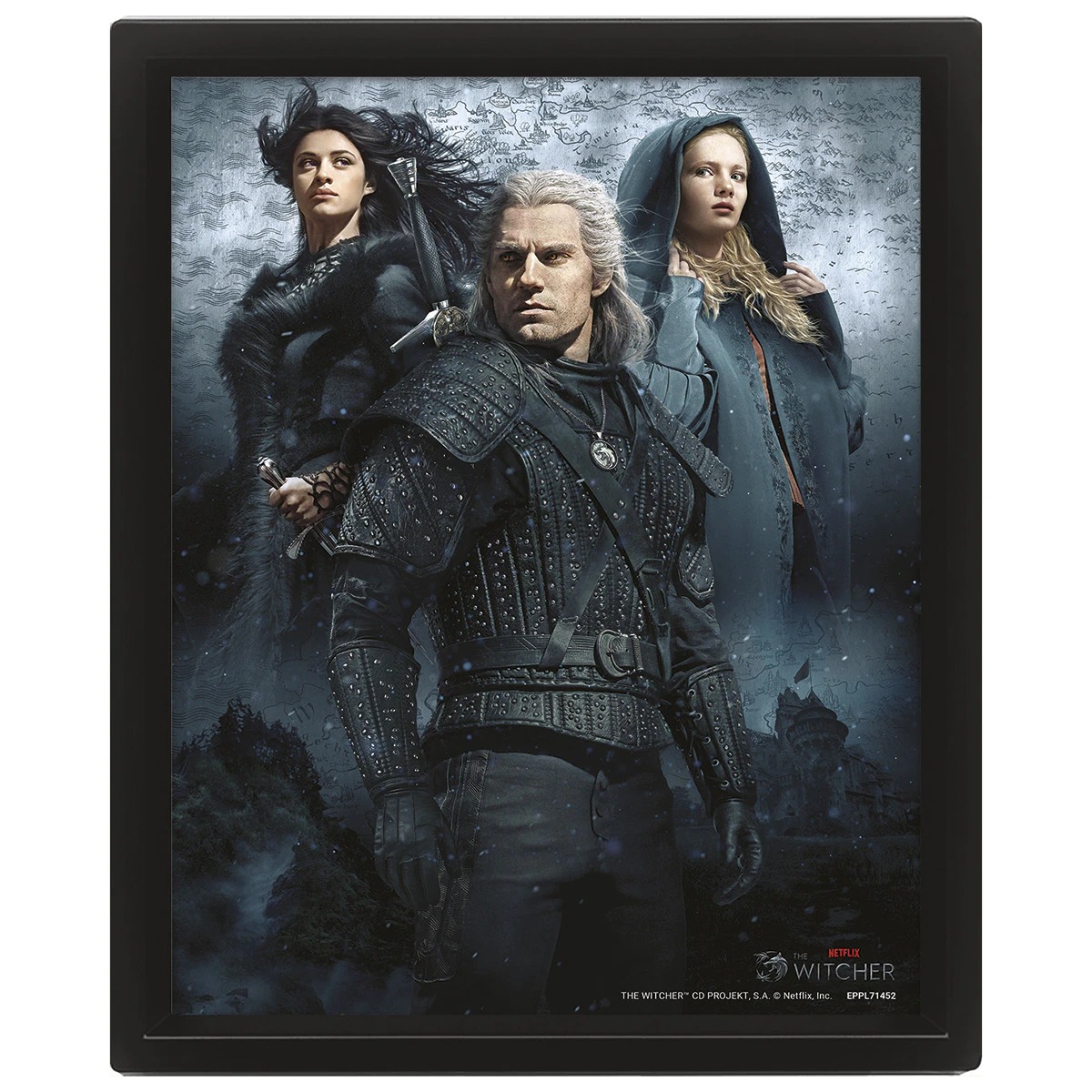 3D poster "Connected by Fate" from The Witcher, lenticular effect poster with black plastic frame, ready to hang, perfect for fan merchandise display, CE certified, enhances decor with 3D visuals.