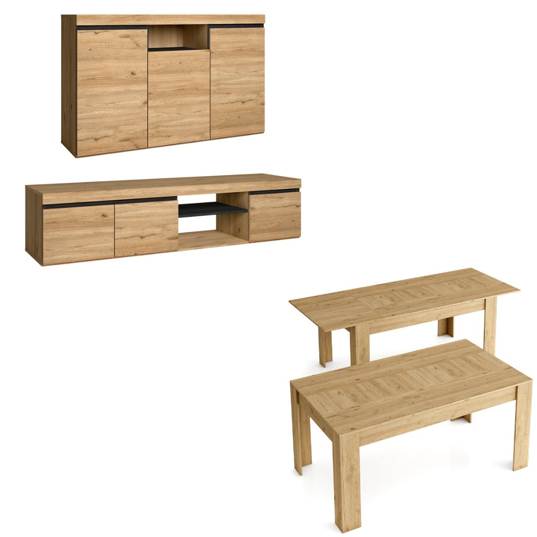 Skraut Home - Set Naturale - Buffet 140x40x81cm - Mueble TV - Mesa Extensible 140/200x90x76cm - acabado color roble negro nórdico