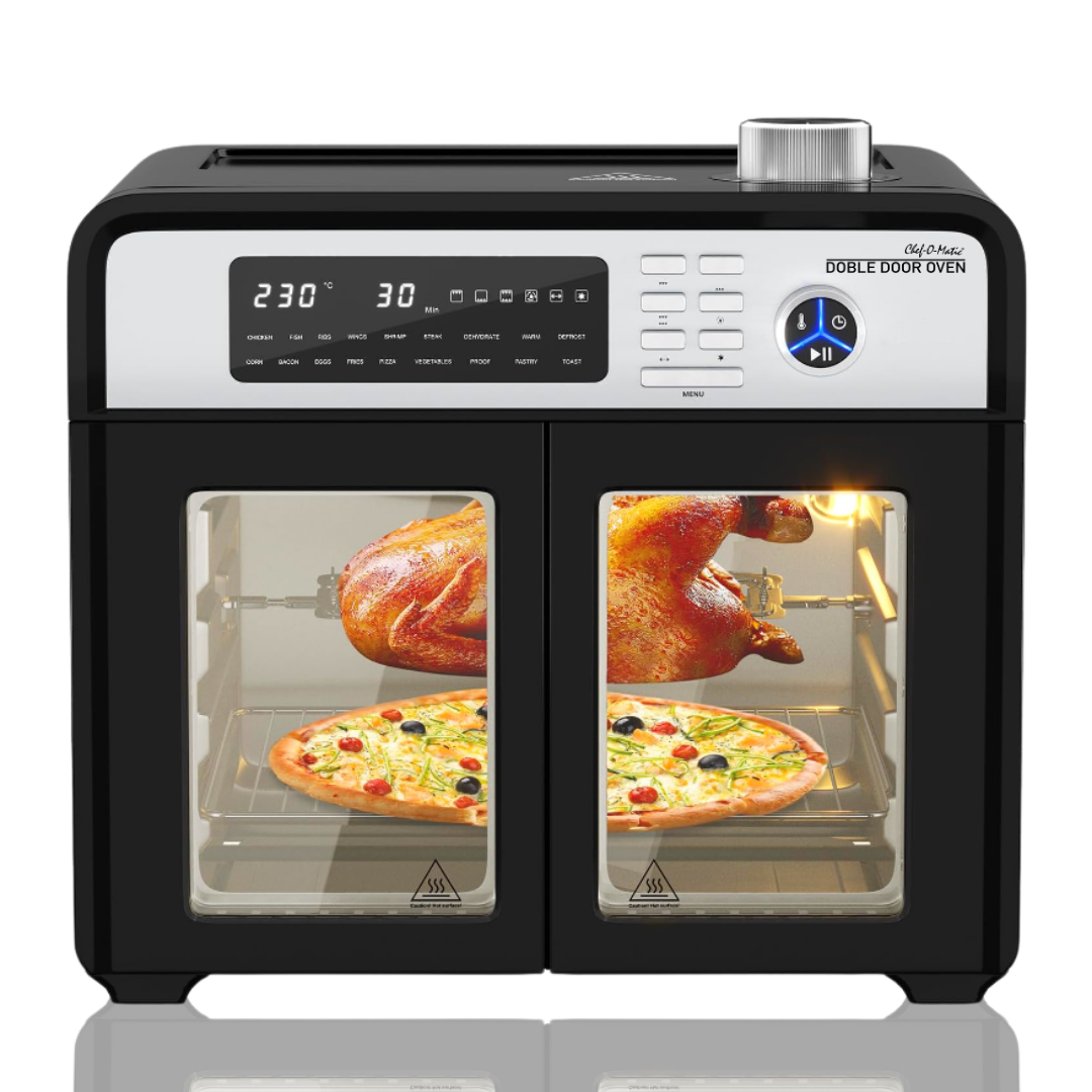CHEF-O-MATIC  Horno freidora XXL Doble Puerta, 12 funciones en 1, 28L , Mini Horno con Convección 1700 W, Ahorro energético con tecnología Air Cycling, 1700W, Sin precalentamiento, Horno de Aire Caliente