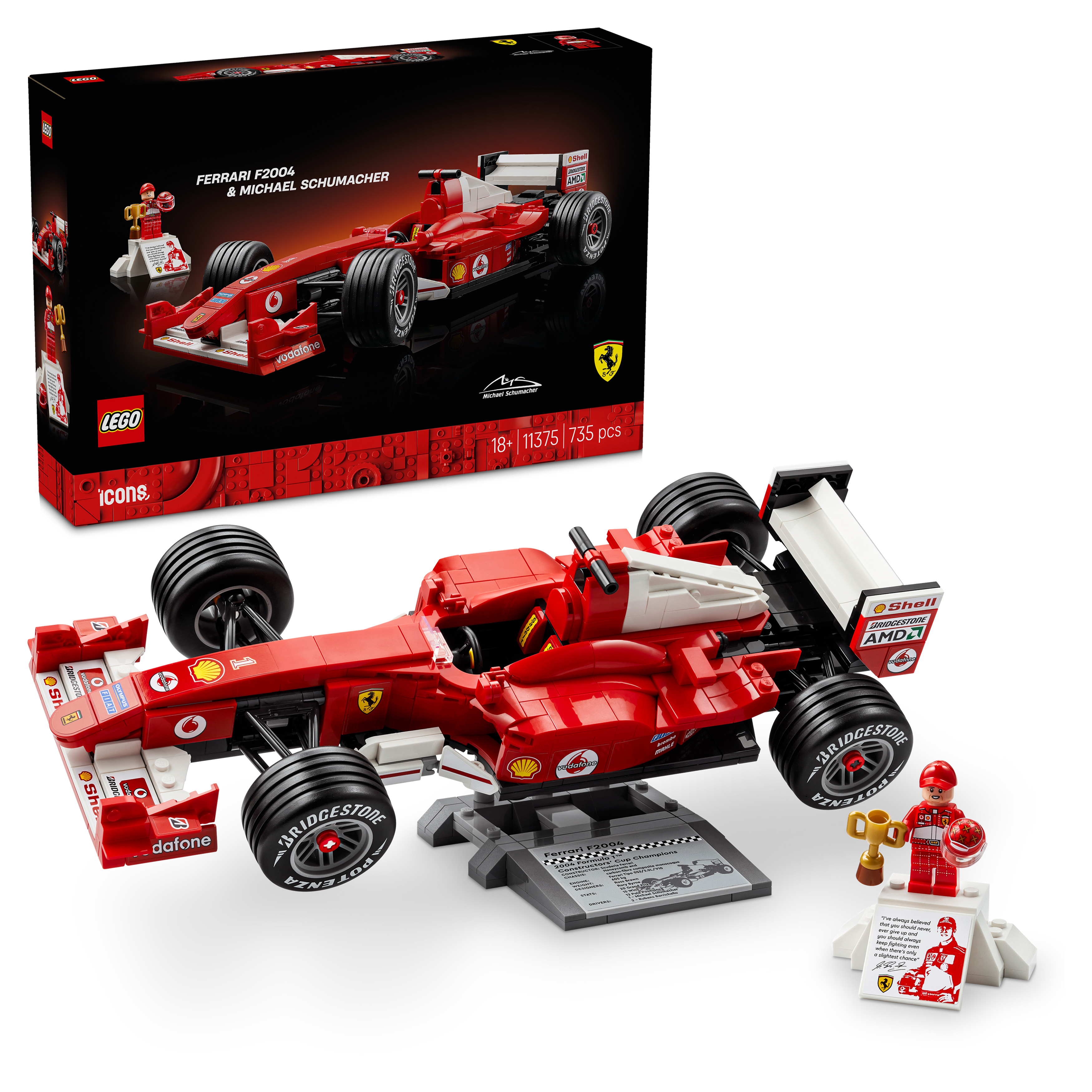 LEGO® 11375 Icons Ferrari F2004 y Michael Schumacher Modelo en Kit Coche de Carreras de F1 con Minifigura y Base de Exposición para Adultos a partir de 18 Años