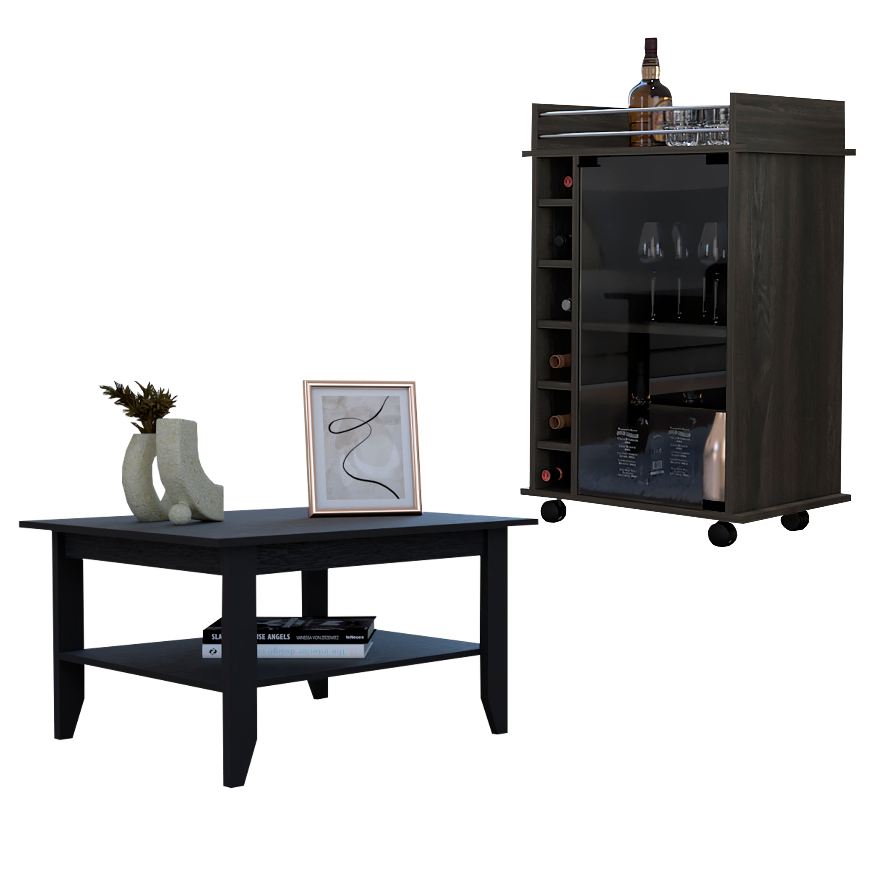 TUHOME Conjunto Britannica de Salón, Mesa de centro + Carrito de Bar,Negro / Carbón
