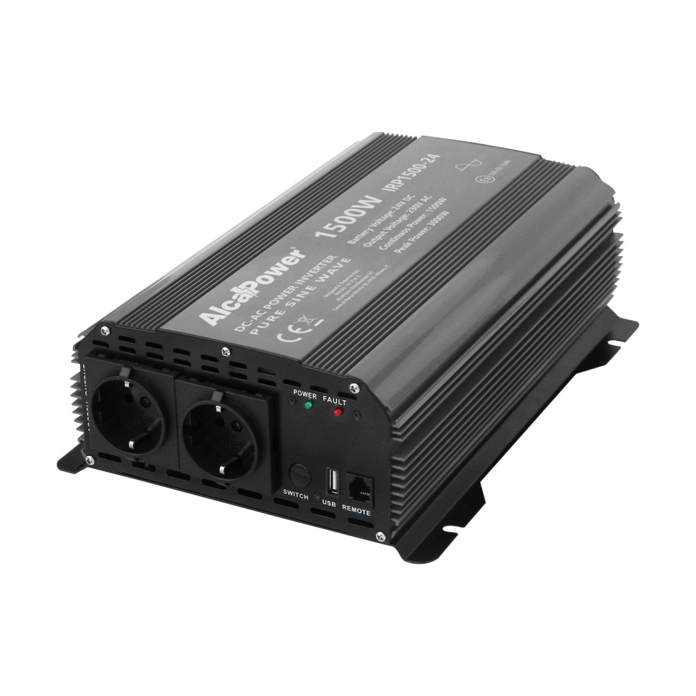 Alcapower - Inversor de onda sinusoidal pura de 1500 W, 24 V (pico de 3000 W), doble toma Schuko y USB, para camiones, autobuses y cabinas solares