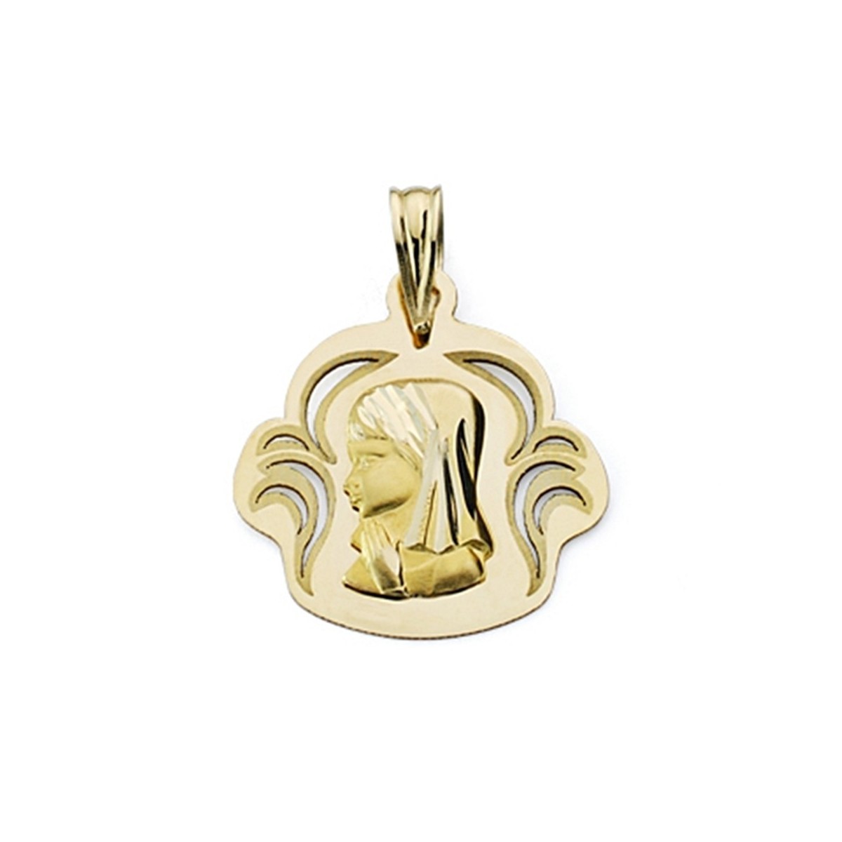 Colgante oro 18k Virgen Nina calada 19mm.