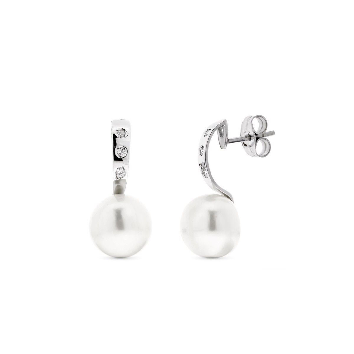 Pendientes oro blanco 18k mujer largos circonitas combinadas perlas botón presión