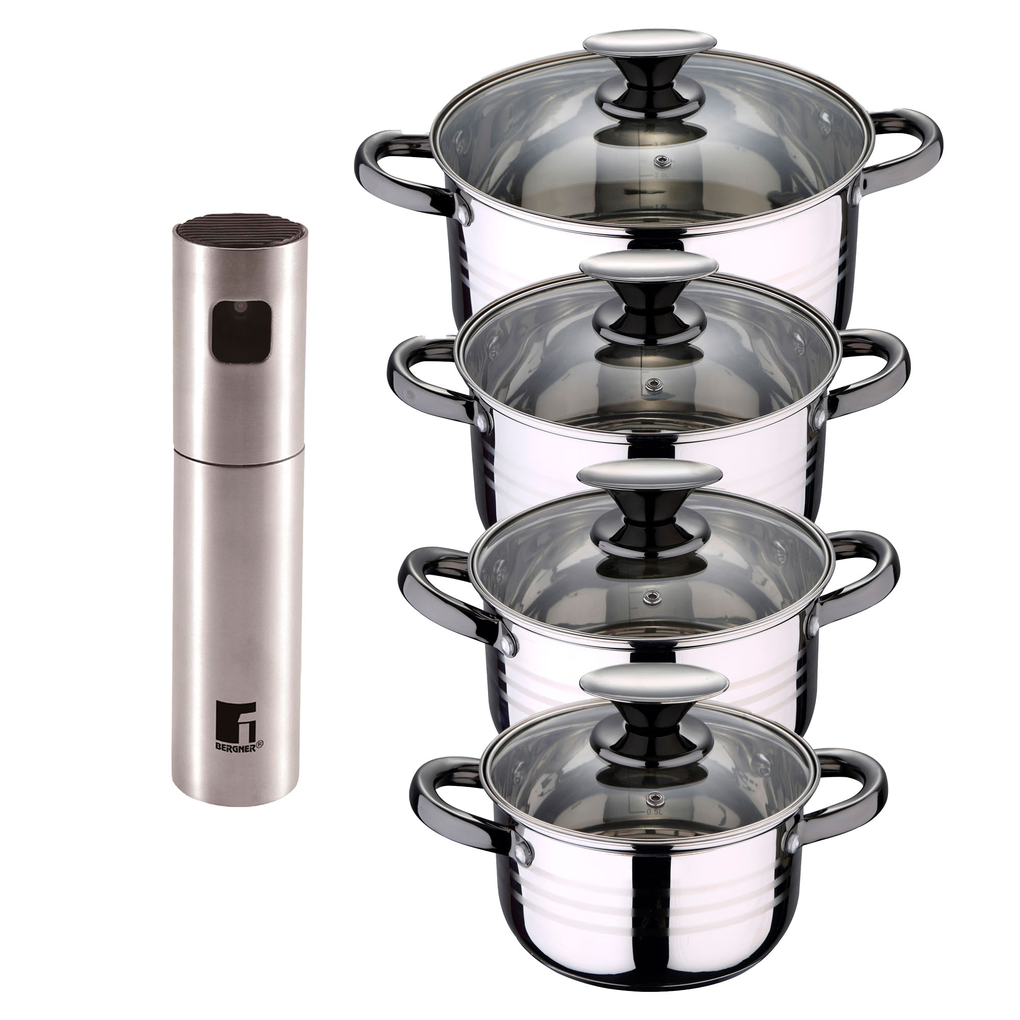 Bateria 8pc acero inoxidable apta para inducción Colección San Ignacio Premium +  Delantal de Cocina Gris oscuro 100% Algodón 75x80cm