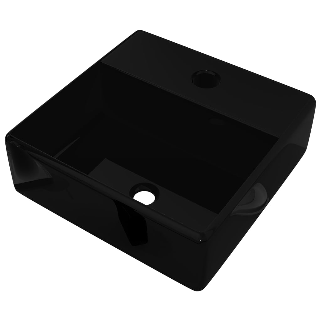 vidaXL Lavabo de cerámica cuadrado con orificio de grifo/desagüe negro
