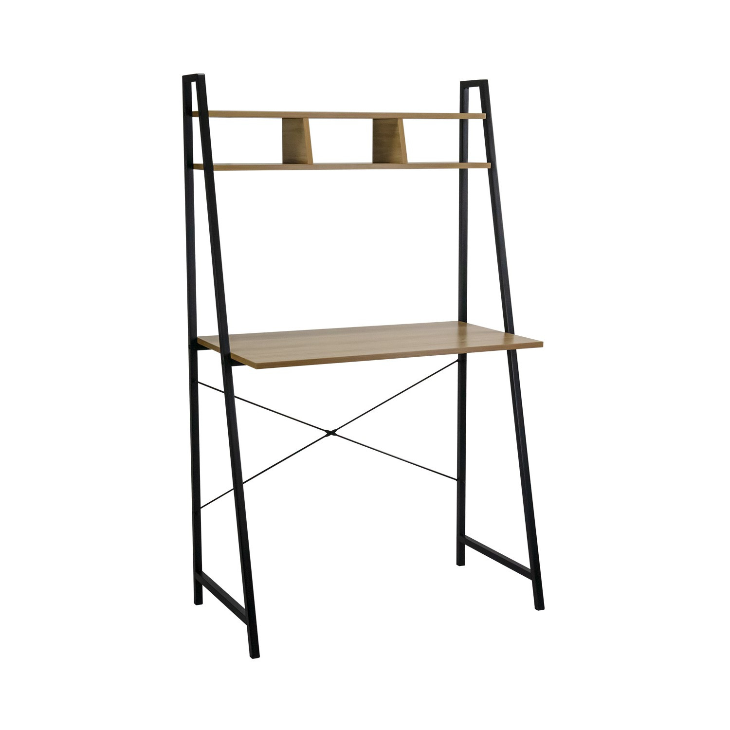 7house - Escritorio Oyam, Madera/Acero, Home Office, Sala Trabajo, Despacho, Oficina, 1 Estantería Organizadora, Diseño Industrial, Dimensiones 84x46x142cm (largo x ancho x alto), Roble/Negro