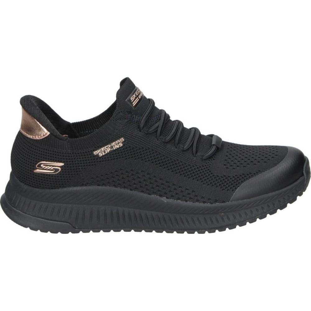 SKECHERS | Deportivas Skechers Slip-ins: BOBS Squad 4 Dire Step para Mujer – Zapatillas Negras con Detalles en Dorado – Con Cordones Elásticos – Memory Foam – Stretch Fit – Vengan – Apta para Lavadora – Modelo 117743-BBK