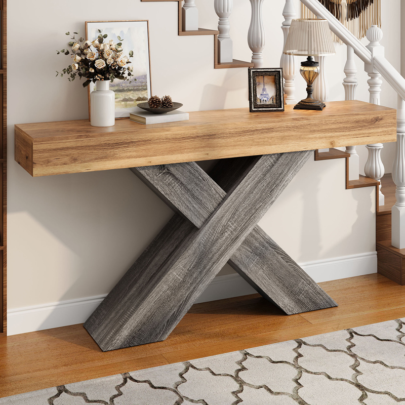 Console étroite effet bois naturel avec pieds en X