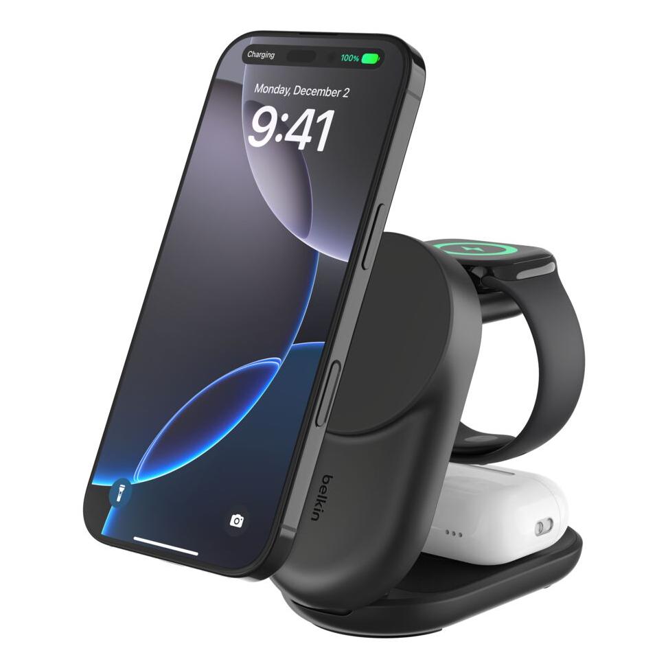 Belkin Qi2 Fitness tracker, Auriculares, Smartphone, Reloj inteligente Negro USB Cargador inalámbrico Carga rápida Interior