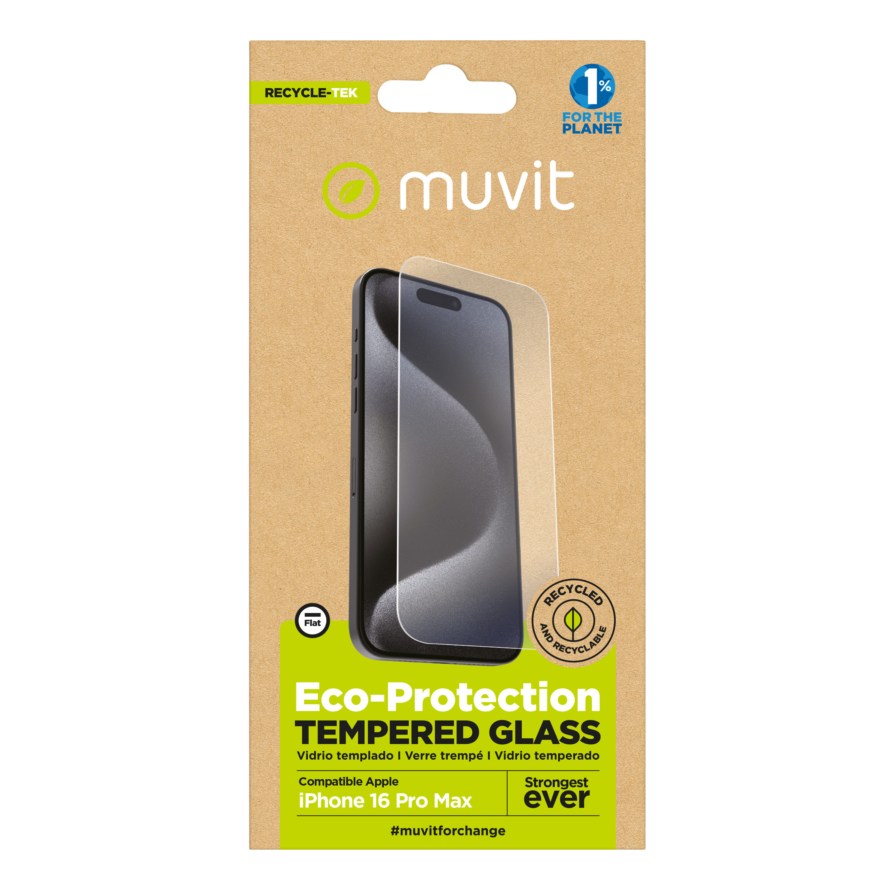 muvit for change protector pantalla recycletek compatible con Apple iPhone 16 Pro Max vidrio templado plano