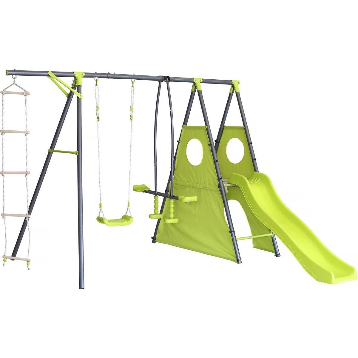 Habitat y Jardin - Estructura de juego metálica "Dany" con tobogán - 5 aparatos - Verde