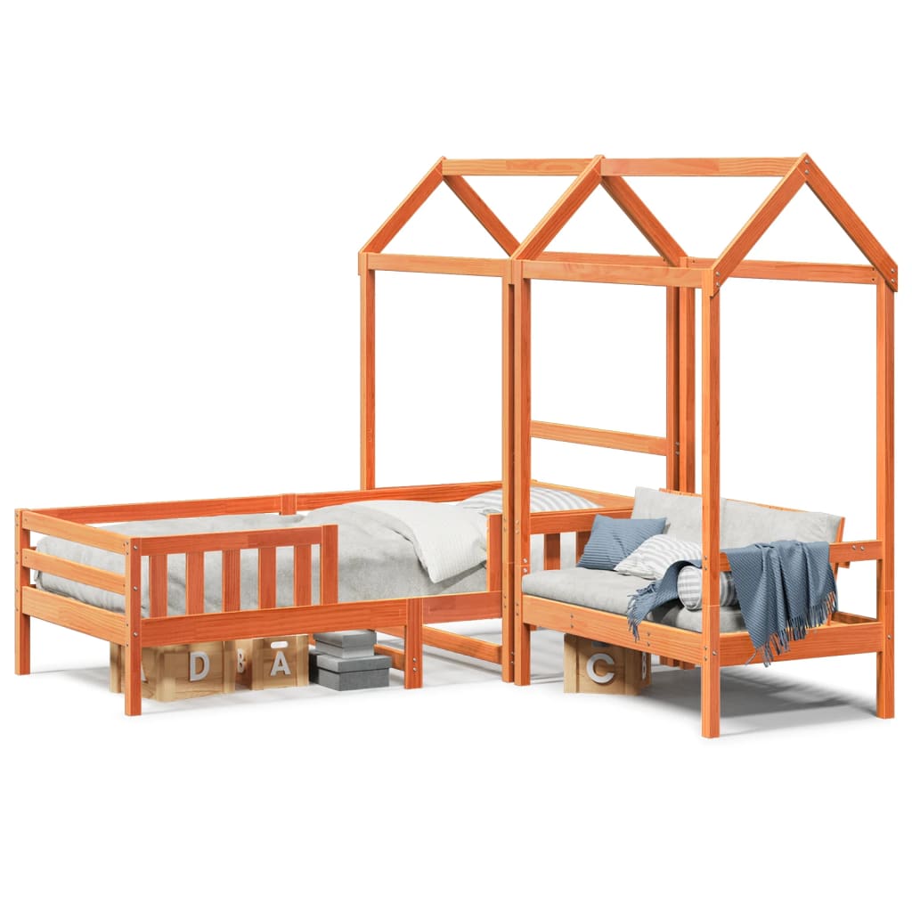 vidaXL Set de cama y banco con techo madera de pino marrón 90x190 cm