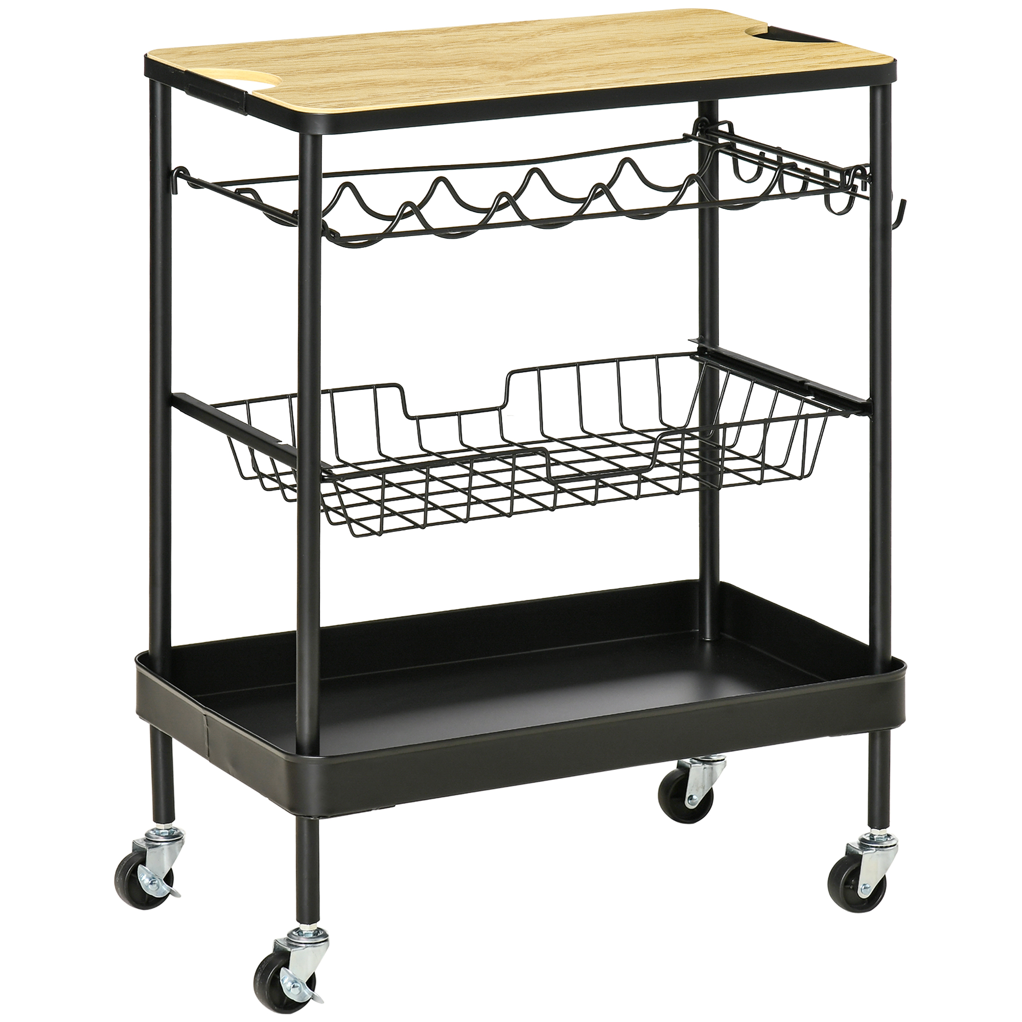 HOMCOM Carro de Cocina con Ruedas Carrito de Servicio Multiuso con Botellero Cesta Extraíble Bandeja y 4 Ganchos para Comedor Salón 60,5x35,5x75 cm Negro y Roble