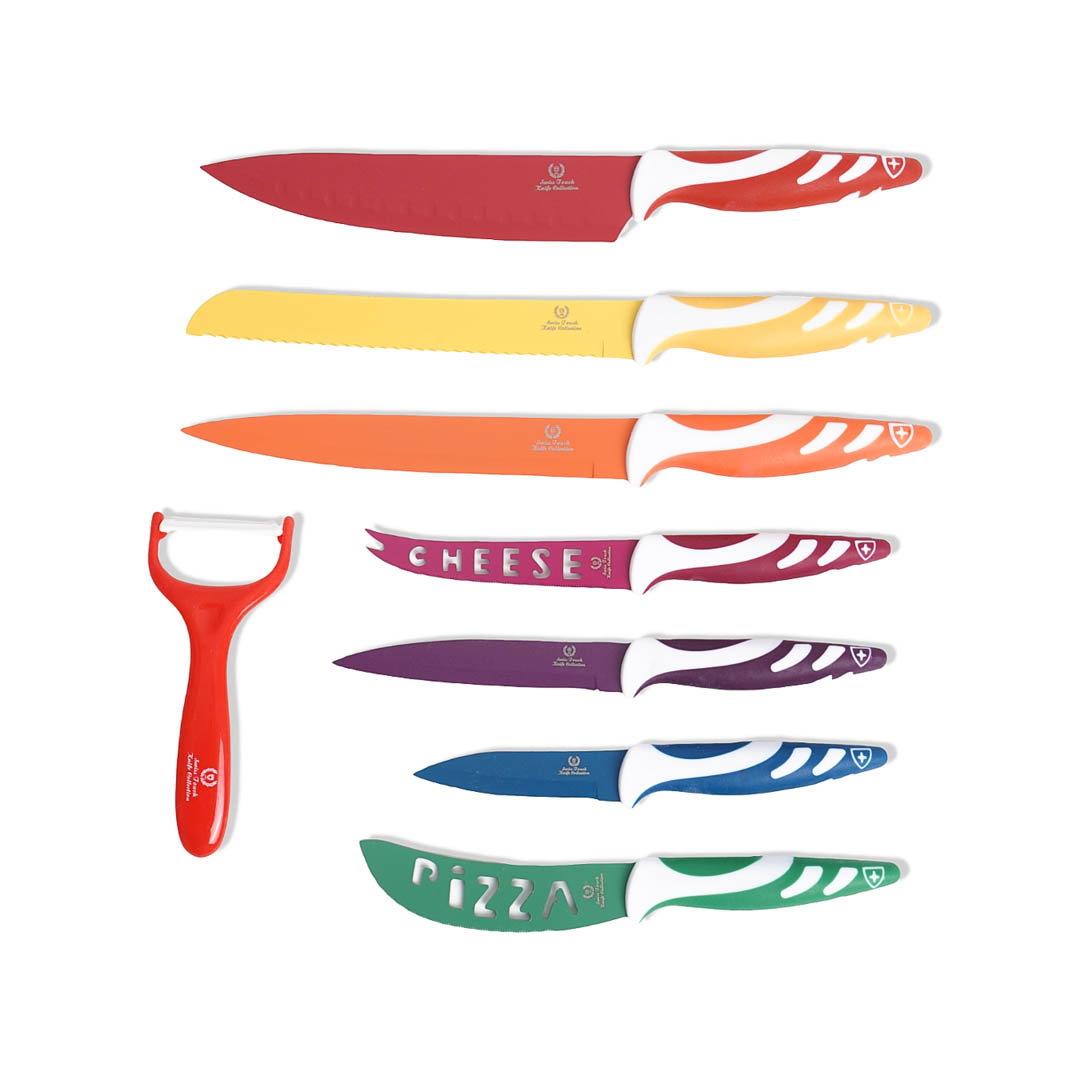 Swiss - Juego de Cuchillos de Cocina Multicolor - Juego de 7 Cuchillos de Acero Inoxidable + Pelador de verduras - Varios Colores