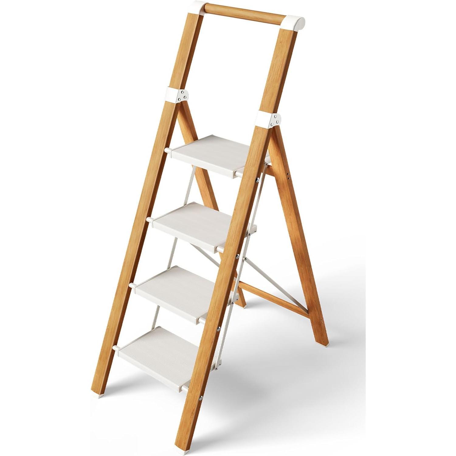 Escalera ARTEMISA - Escalera domestica de aluminio. 4 peldaños (blanco-madera)