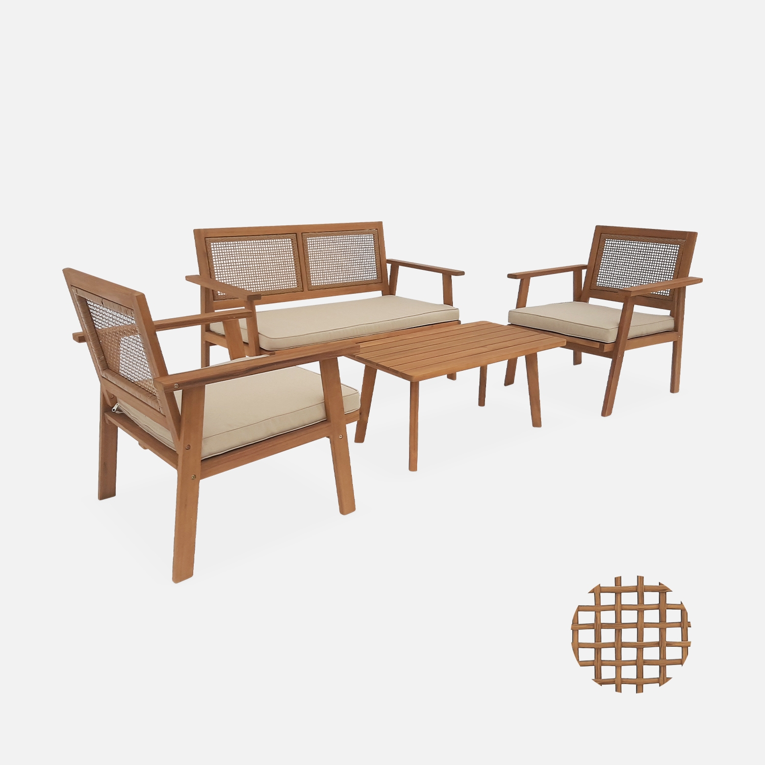 sweeek - Conjunto de jardín en madera y caña cuadrada, 4 plazas , Bohemia , 117x64x74