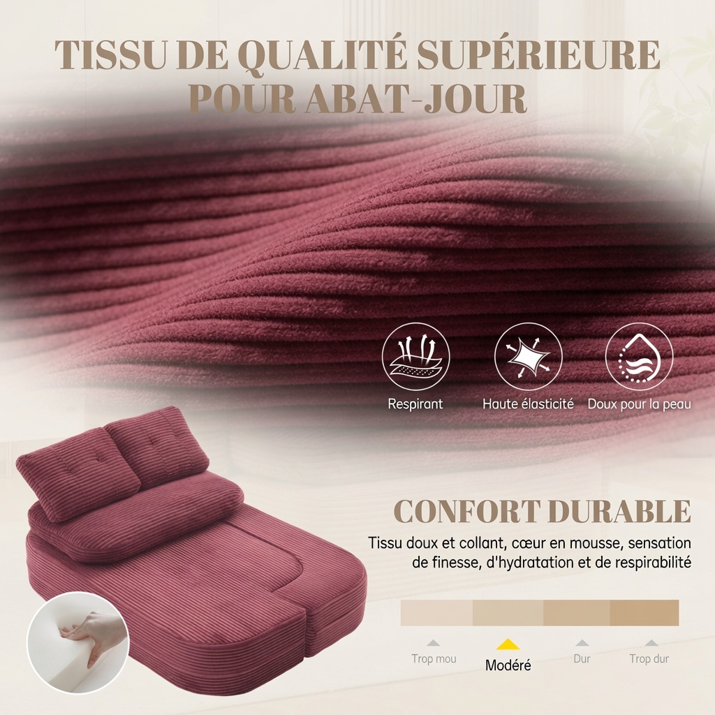 Fauteuil convertible 2 en 1 rouge bordeaux en velours côtelé avec accoudoirs réglables, porte-gobelets et assise profonde