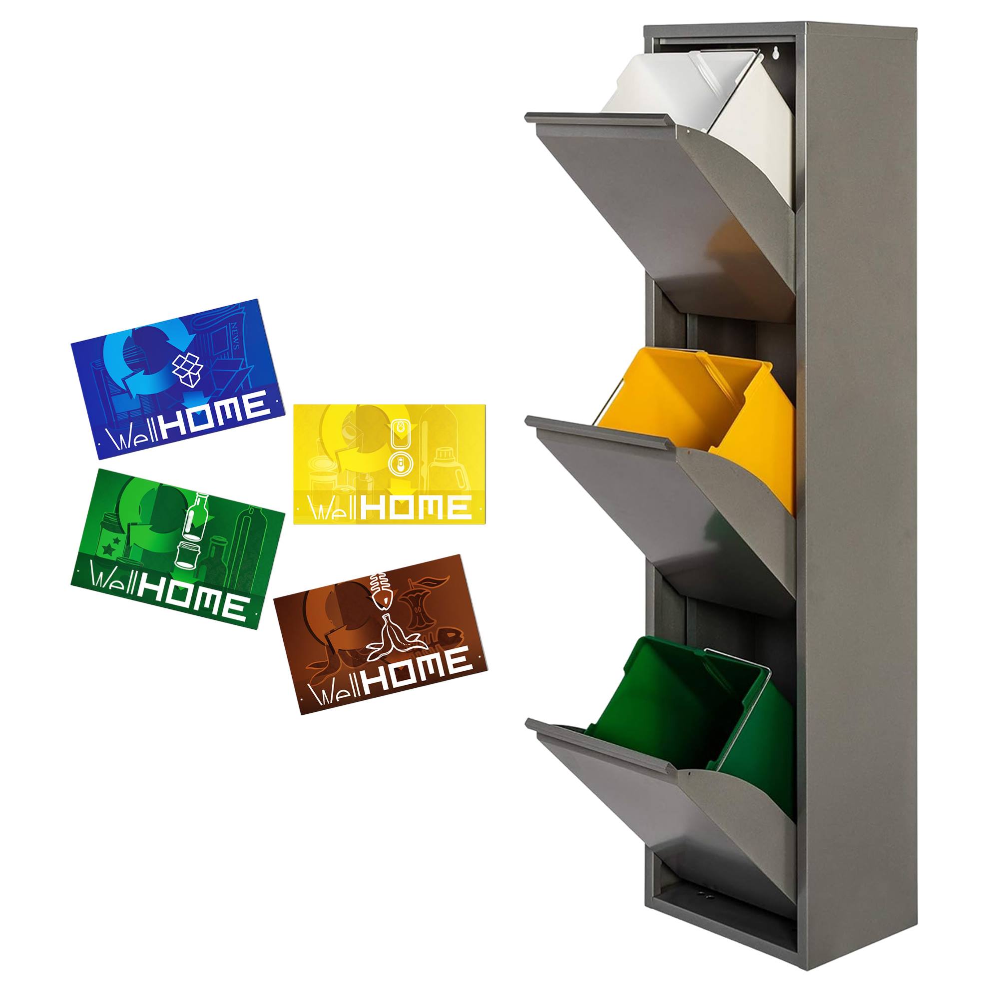 Cubo de Basura y Reciclaje Metálico Wellhome 3 Compartimentos + 4 Etiquetas Magnéticas