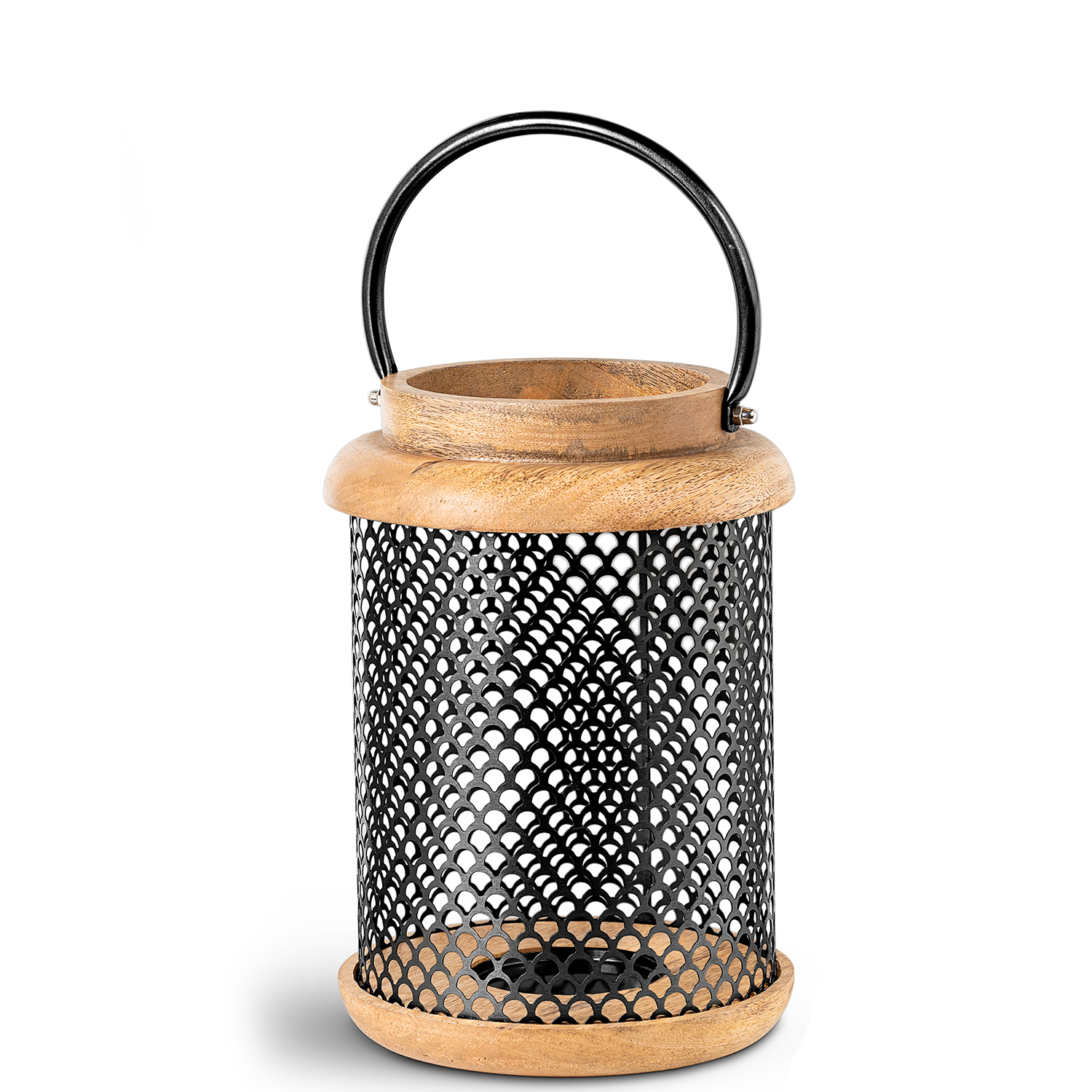 Farol portavelas 24cm madera, metal negro 16x24cm