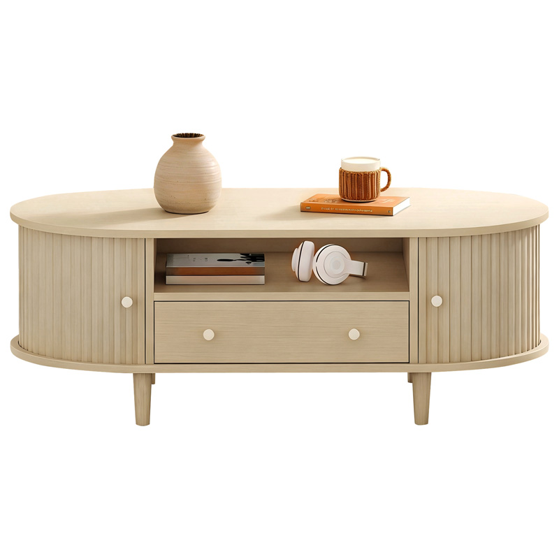 Table basse ovale couleur chêne avec tiroir, rangement ouvert et portes à volet