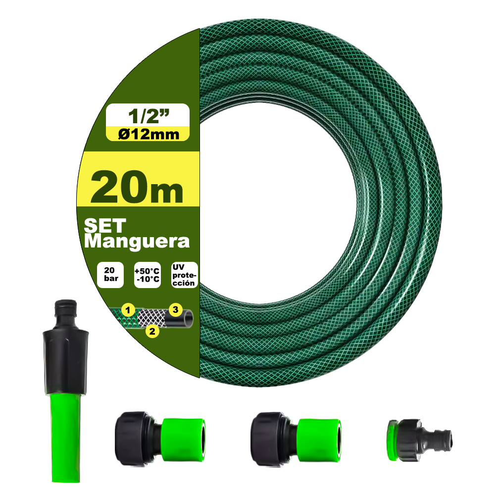 Life Basics manguera de jardín ECONÓMICA, Manguera de agua elástica y flexible de 3 capas hecha de tela cruzada de poliéster, Resistente UV, presión de rotura de 20 bar, Incluye Conectores 1/2" y 3/4"