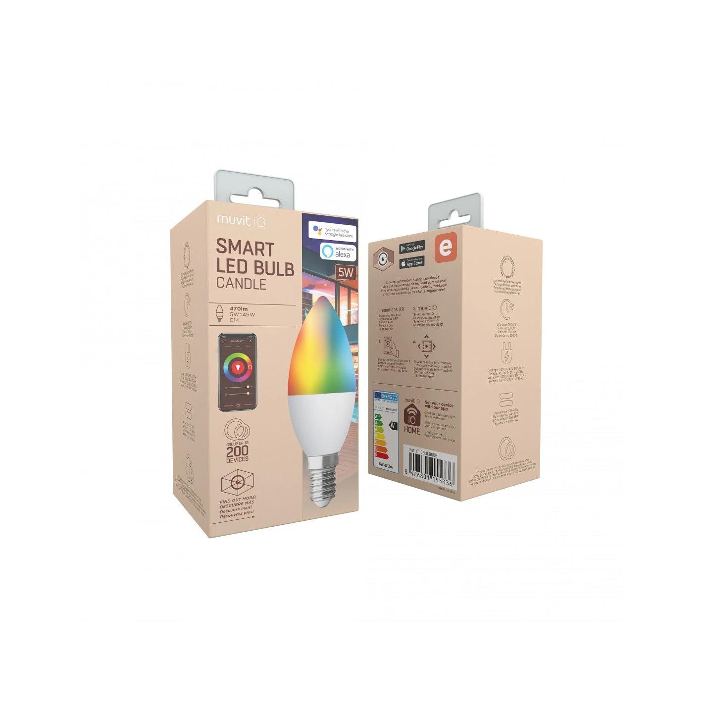 Iluminación Smart Home Bombilla inteligente LED RGB + Blanco (CCT) Wi?Fi 2.4 GHz 5W E14 Vela MUVIT C37-PA-TY