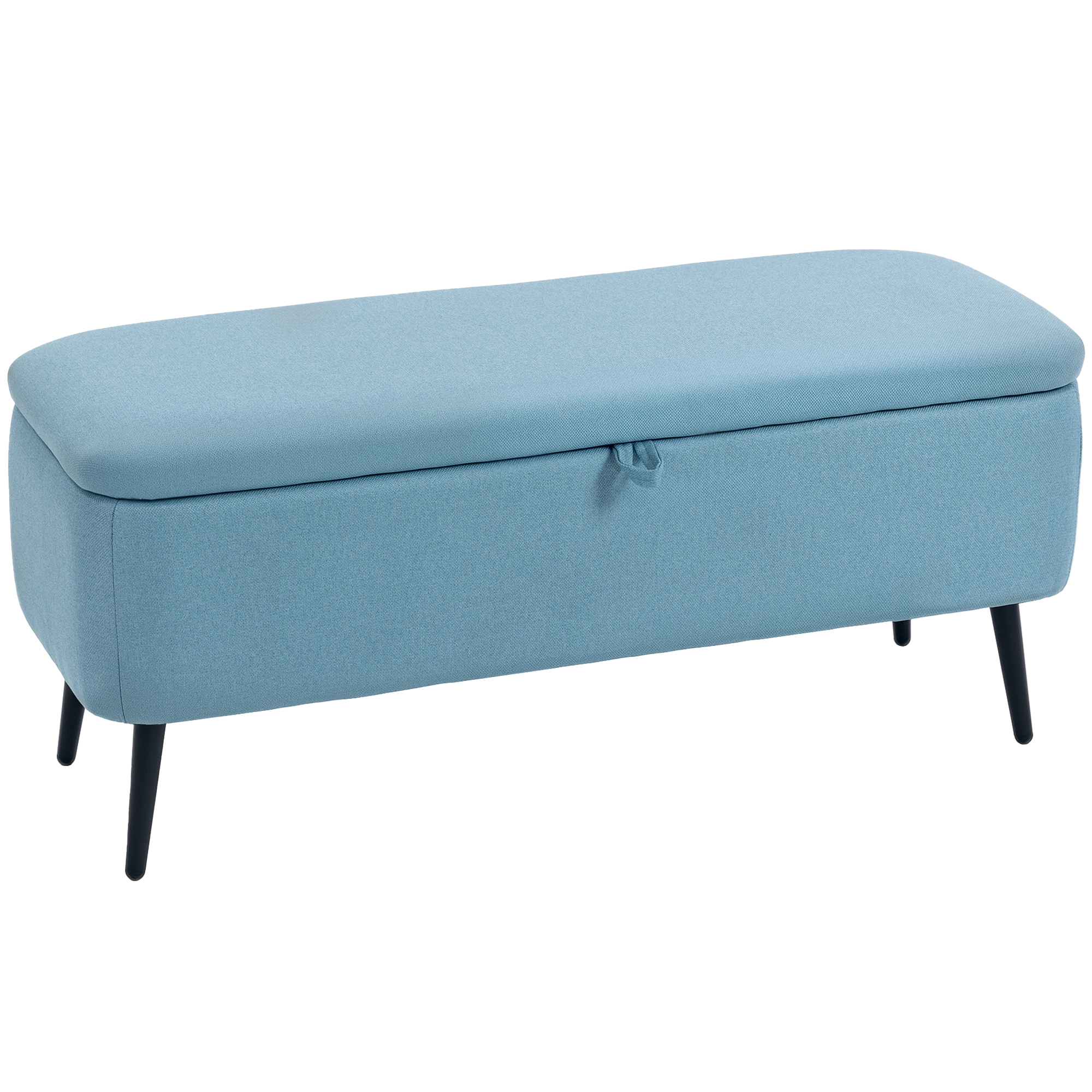 HOMCOM Puff Almacenaje Banco Almacenaje 61L Tapizado en Lino Sintético con Tapa Abatible y Patas de Acero para Dormitorio Salón Entrada Carga 150 kg 101x38,5x44,5 cm Azul Claro