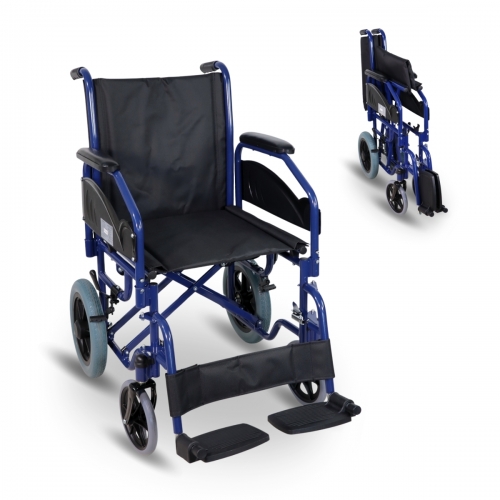 Silla de ruedas plegable Mobiclinic® Maestranza Frenos de estacionamiento Asiento de 45 cm Reposapiés extraíbles Reposabrazos abatibles y acolchados Ruedas pequeñas Resistente Color Azul