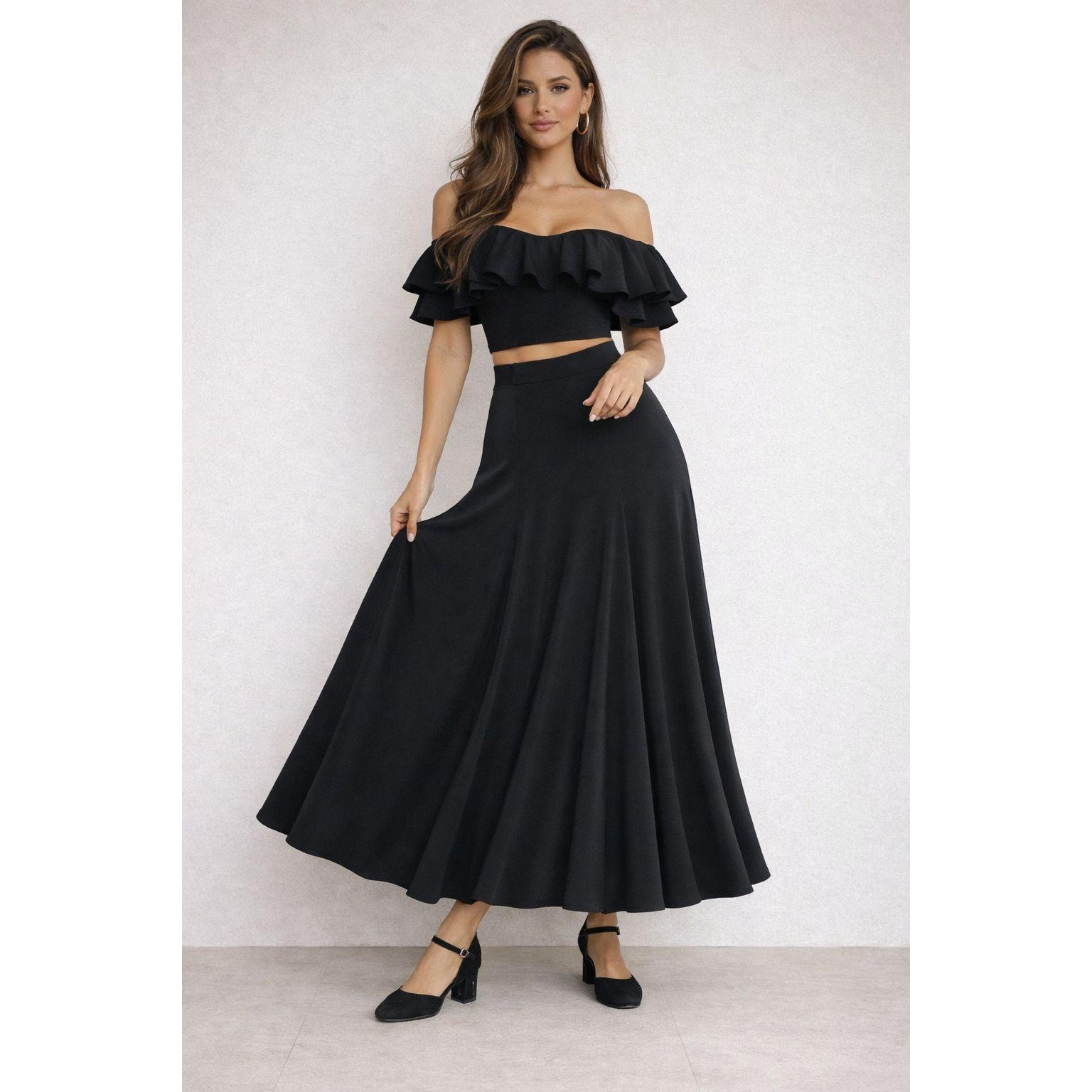 Falda Larga Negra Fluida Mujer – Falda Maxi Elegante con Caída Suave, Cintura Elástica, Ideal para Eventos, Diario y Look Flamenco