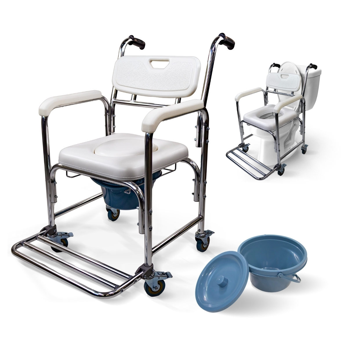 Silla de aluminio con inodoro y ruedas Mobiclinic Con respaldo y reposabrazos Ergonomico Versatil Ligero y sencillo de montar Rope