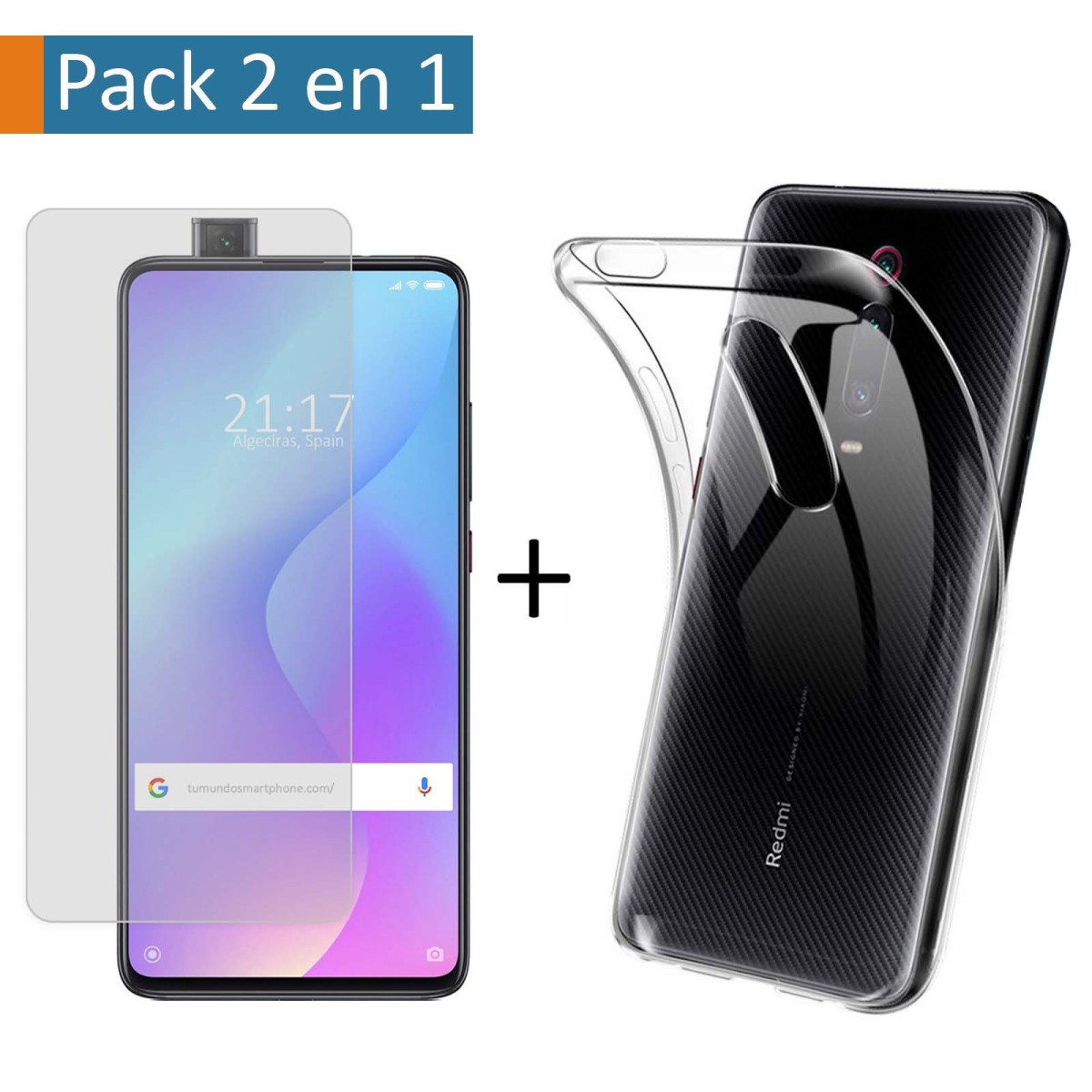 Tumundosmartphone Pack 2 En 1 Funda Gel Transparente + Protector Cristal Templado para Xiaomi Mi 9T / Mi 9T Pro