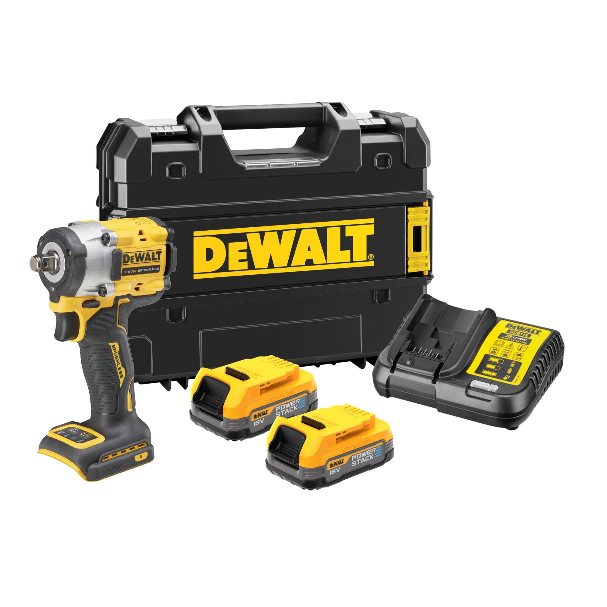 Dewalt impact gun 1/2" 18V DCF921E2T with 406Nm torque and 2x1.7Ah POWERSTACK batteries, CE certified for optimal performance in electric tools.